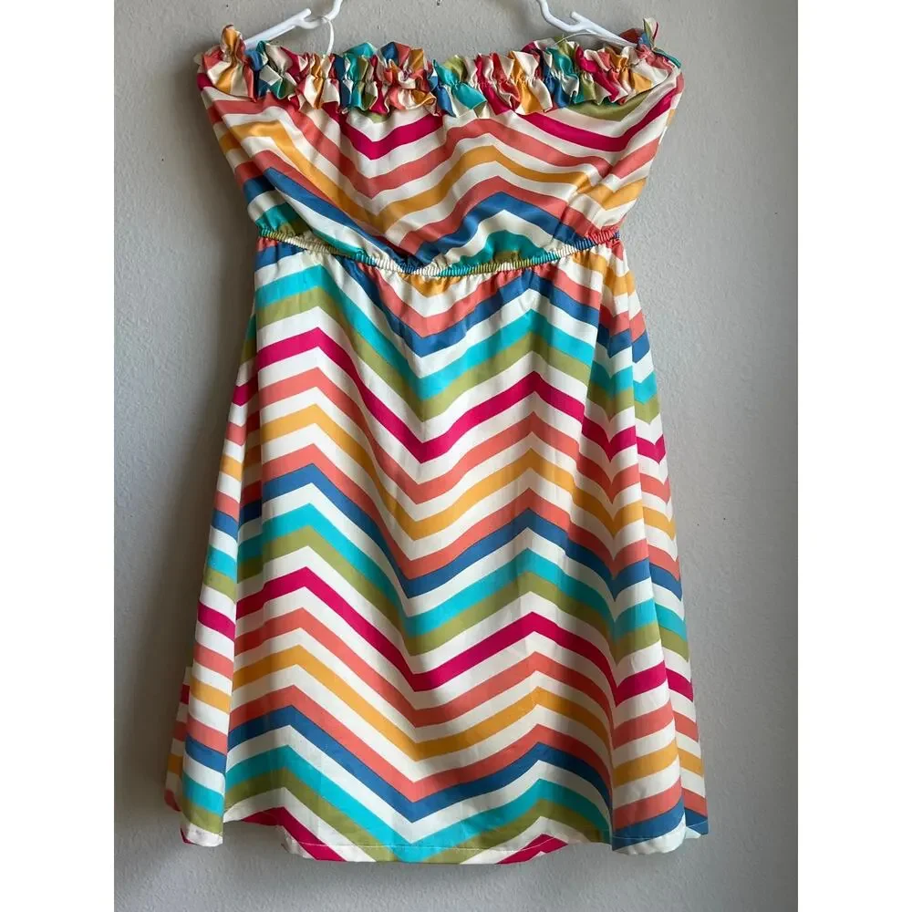Judith March Rainbow Chevron Strapless Dress Fabric Rosette Accent Size Large